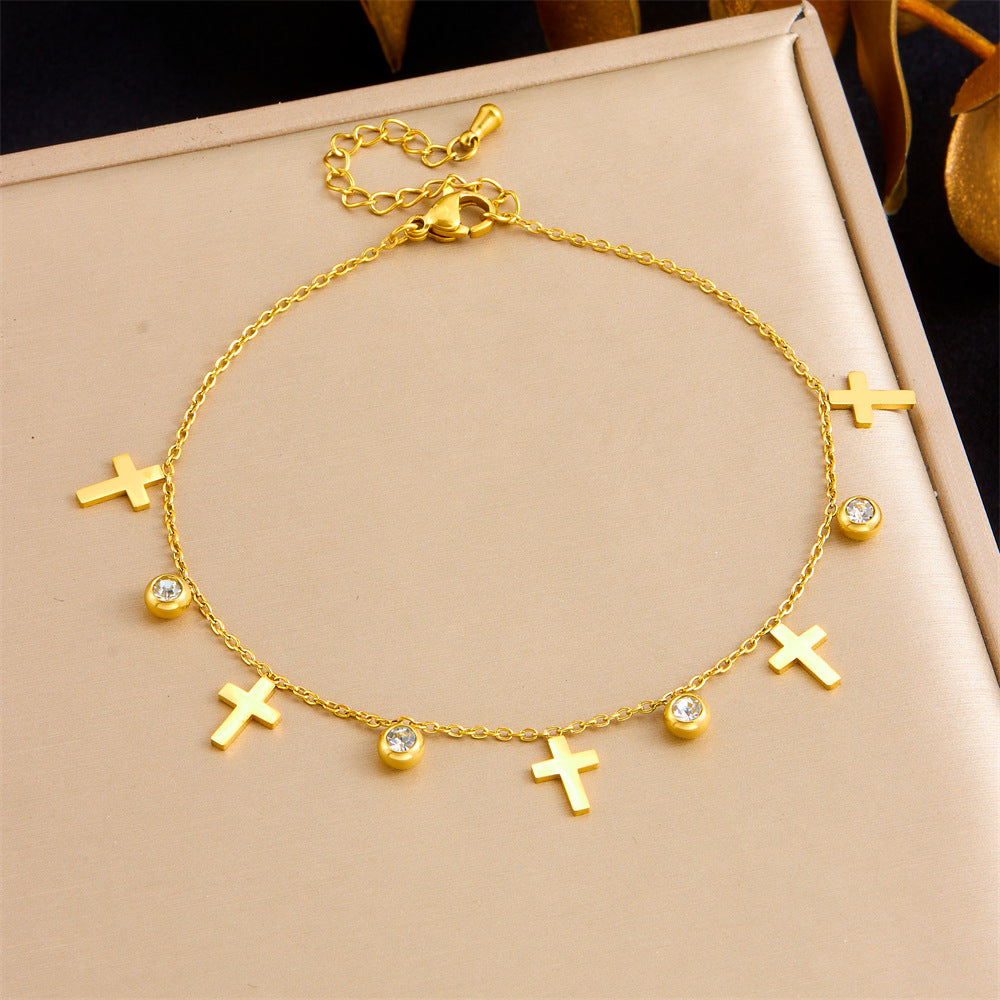 Casual Rhinestone Inlaid Round Cross Tree of Life Hollow Stainless Steel Anklet for Women