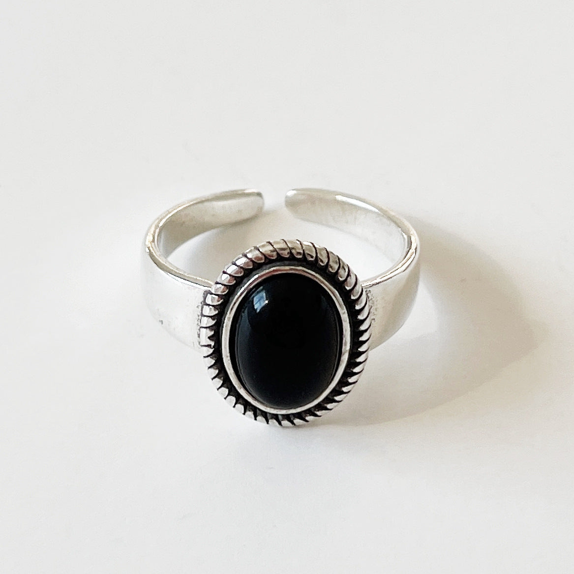 Anillo ajustable de plata de ley S925 con diseño geométrico de ágata negra y cuerda trenzada vintage para mujer