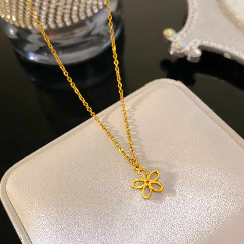 Layered Floral Geometric Hollow Snowflake Clover Pendant Plated Titanium Steel Necklace for Unisex