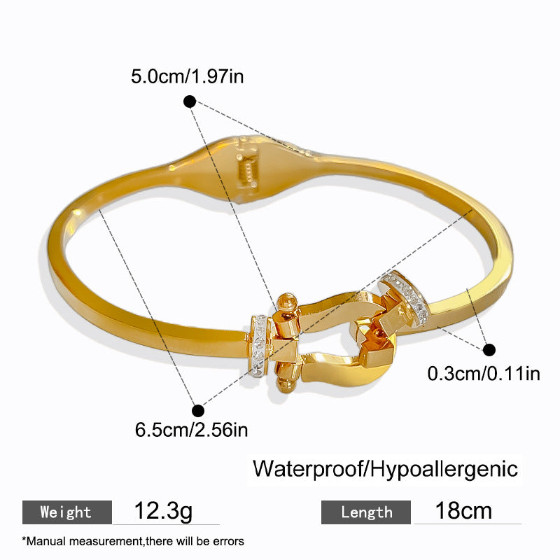 Vintage Cubic Zirconia Horseshoe Clasp Plated Titanium Steel Spring Bracelet for Women