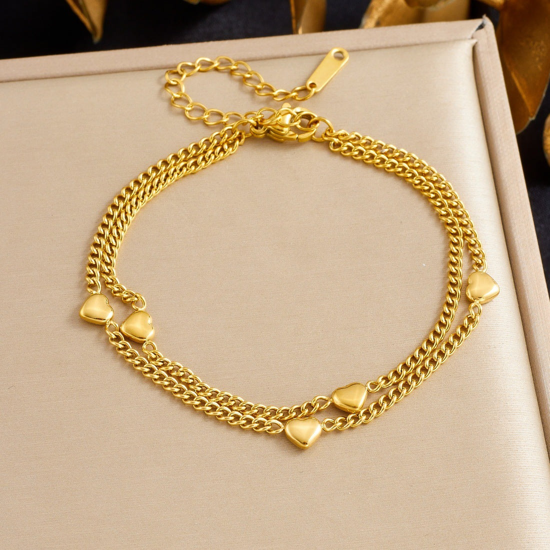Gold Plated Stainless Steel Heart Double Layer Bracelet for Women