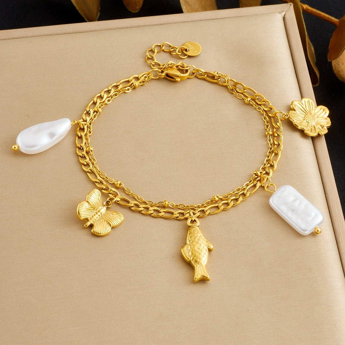 Sweet Gold Plated Stainless Steel Butterfly Fish Pearl Pendant Double Layer Cable Chain Bracelet for Women