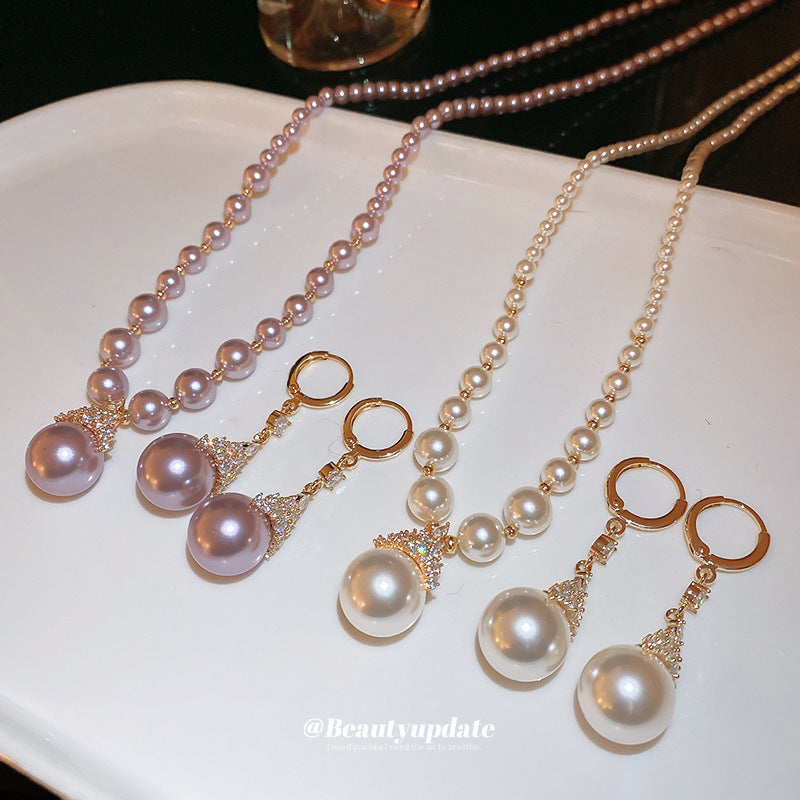 Set collana con pendente a perla rotonda minimalista placcato oro con orecchini abbinati a lobo da donna