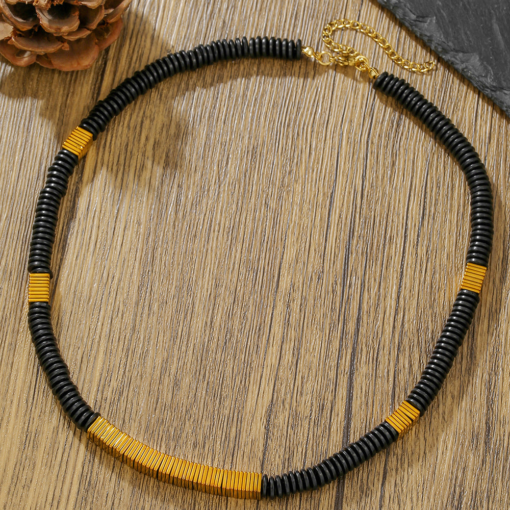Sweet Punk Geometric Handmade Hematite Agate Coconut Shell Stone Beaded Necklace Cable Chain Unisex