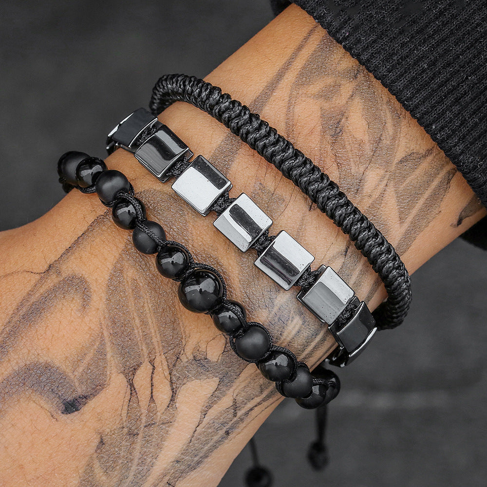 New Chinese Style Square and Round Hematite Handmade Beaded Bracelet for Men and Women