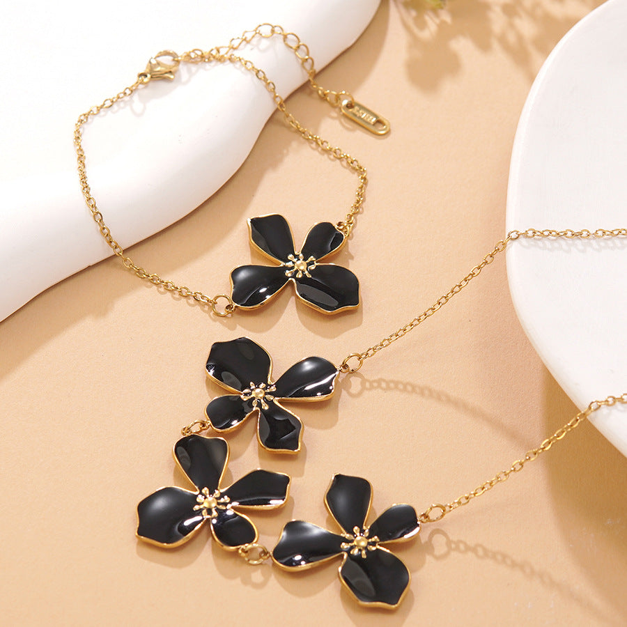 Sweet Drip Oil Floral Stainless Steel Necklace and Bracelet Set for Women