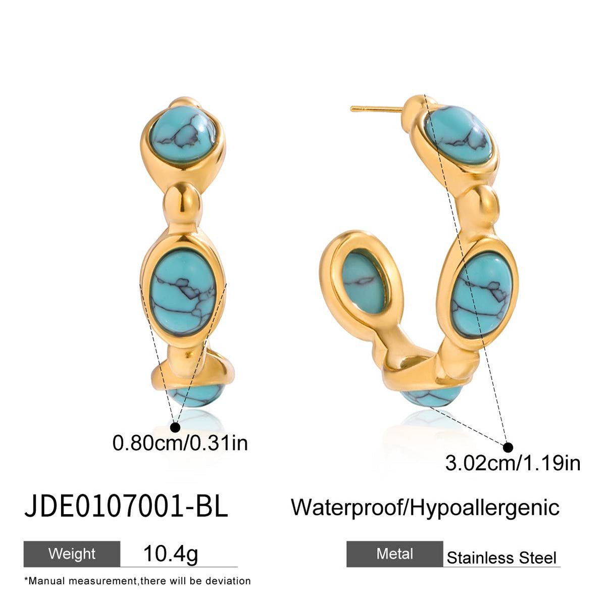 Aretes Geométricos de Perlas de Resina Turquesa en Acero de Titanio con Acabado Galvanizado para Mujer