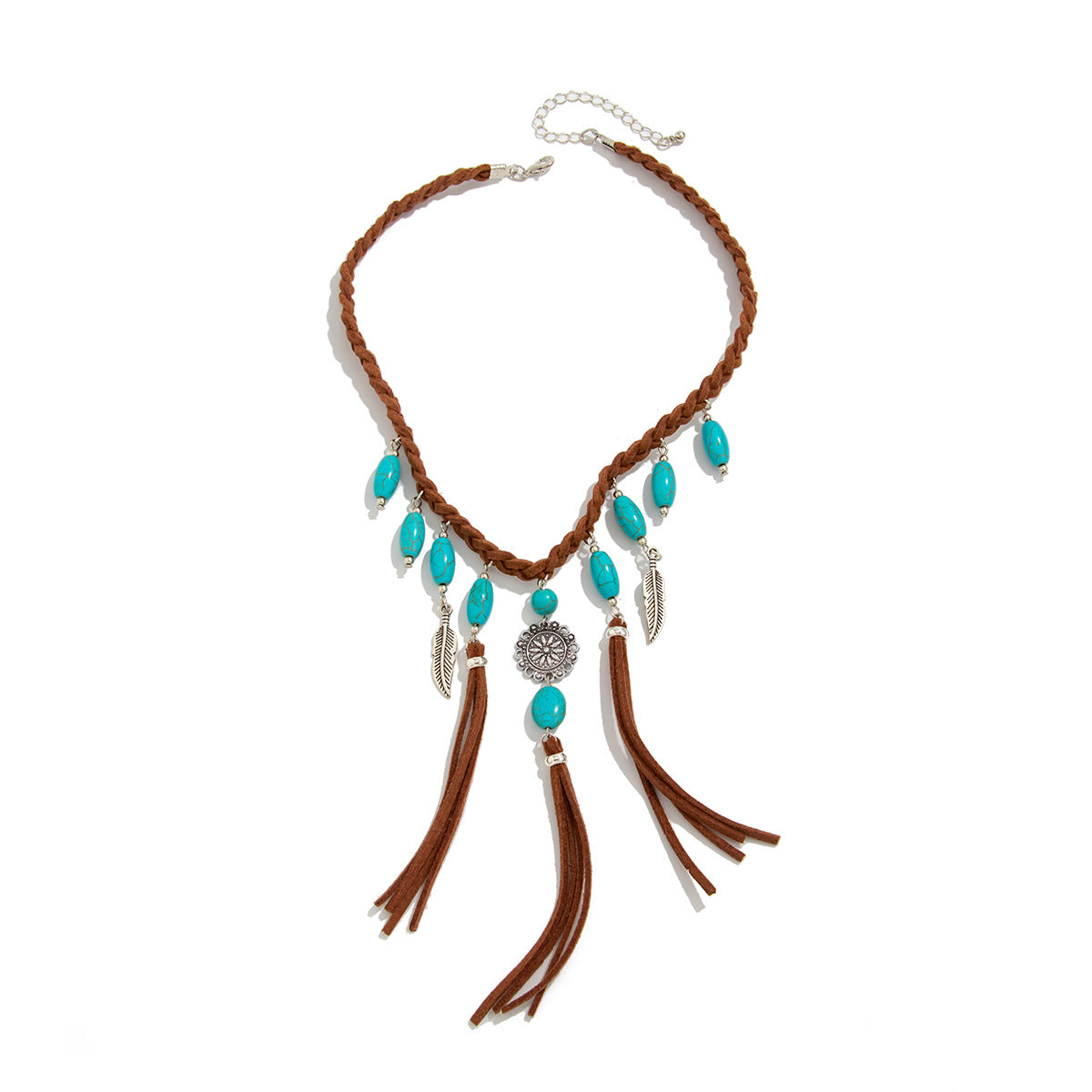 Collana lunga stile etnico vintage con nappe e pendente di piume e turchese in lega con finitura placcata
