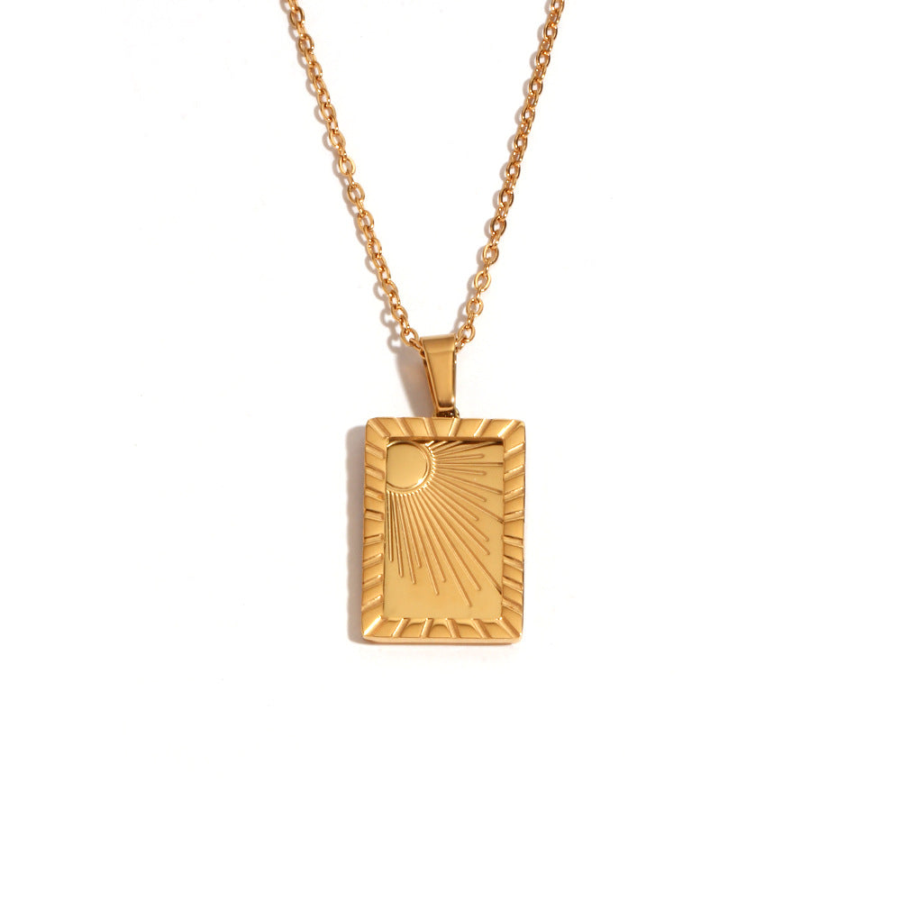 Minimalist Geometric Sun Pendant Necklace for Women in Stainless Steel with 18K Gold Plating and Engraved Detail