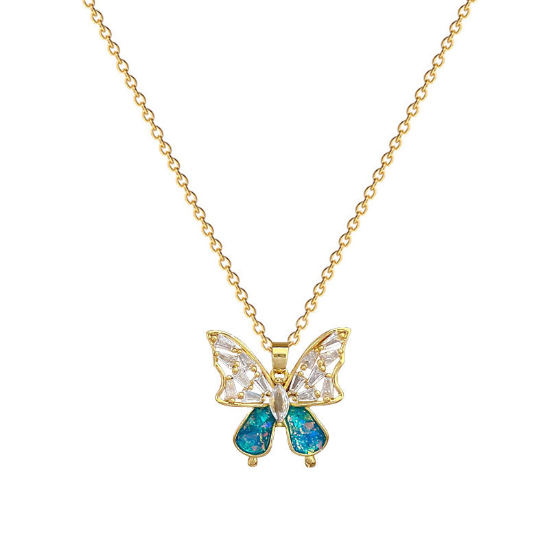 Minimalist Blue Bow Titanium Steel Necklace and Earrings Set with Rhinestone Inlay for Women