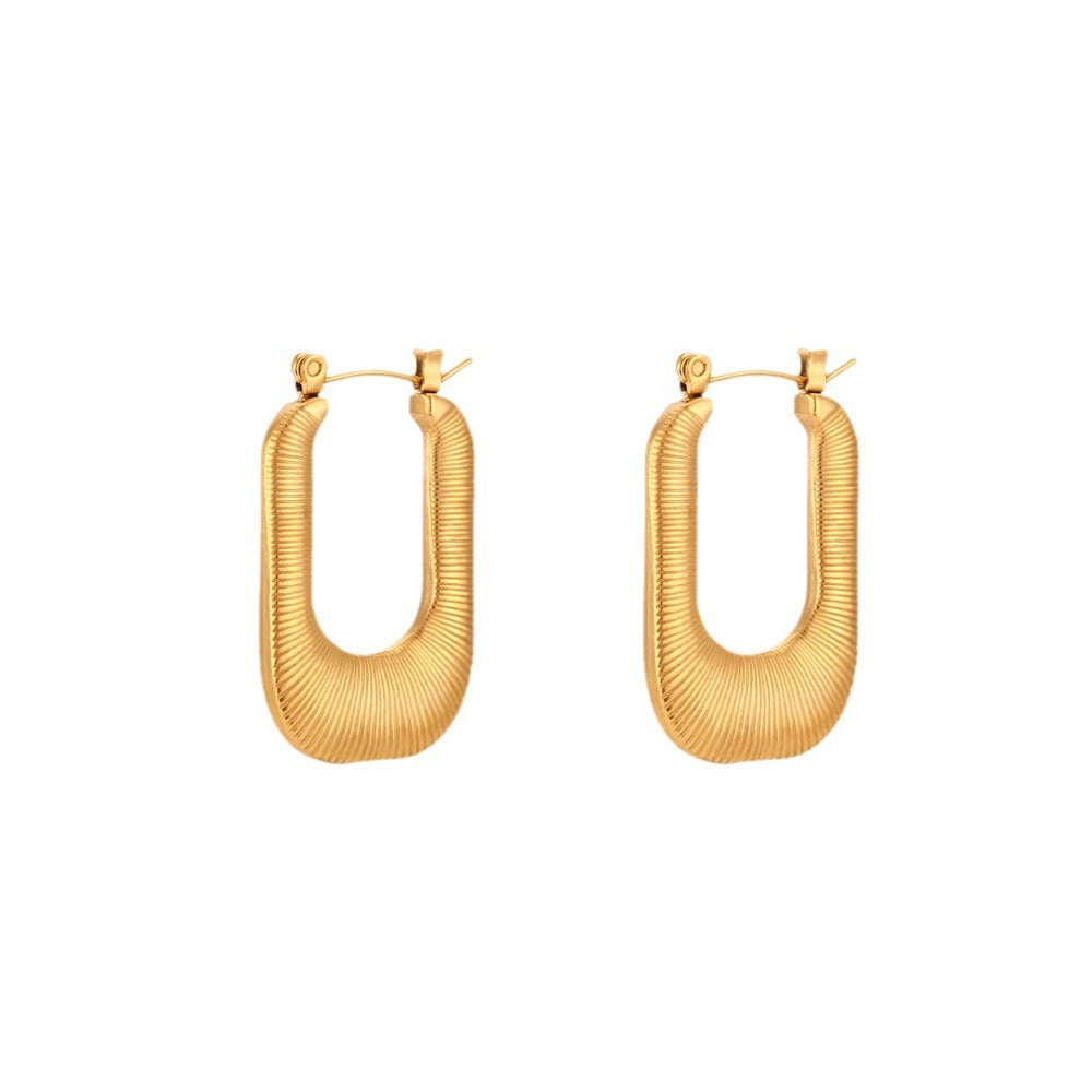 Minimalist Geometric Stainless Steel Plated 18K Gold Tone Hoop Earrings for Women with Striped Texture