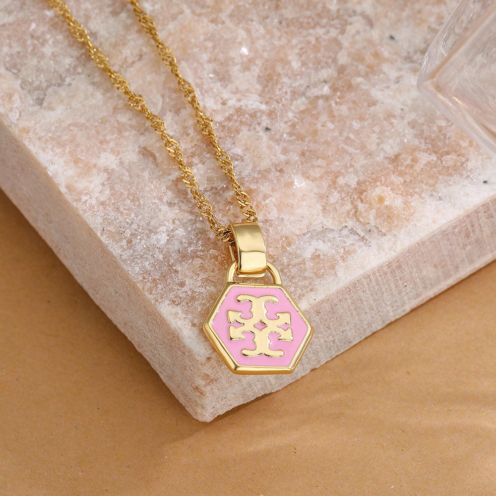 Minimalist Hexagonal Enamel Pendant Necklace for Women with Copper Base and Real Gold Plating