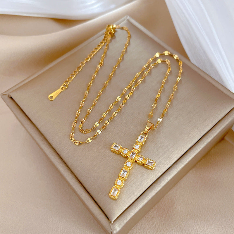 Vintage Luxury Titanium Steel Cross Collar Chain with Zircon Inlay