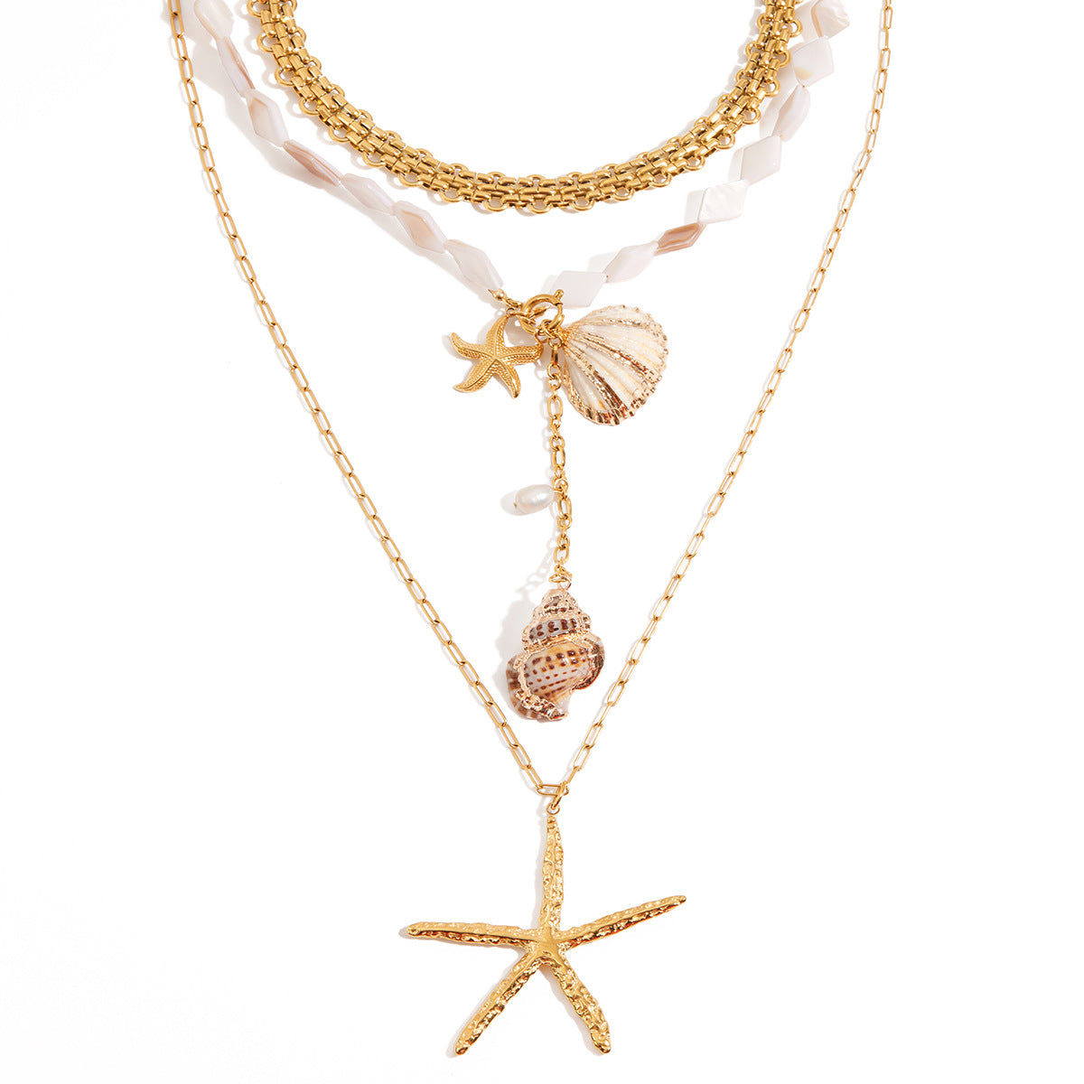 Elegante collar con colgante de titanio en forma de concha para mujer con cadena de acero inoxidable chapado y detalles de perlas de agua dulce