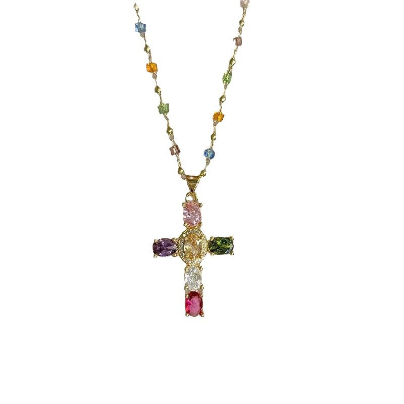 Sweet Colorful Cross Zinc Alloy Plated Necklace with Crystal Cubic Zirconia Inlay for Unisex