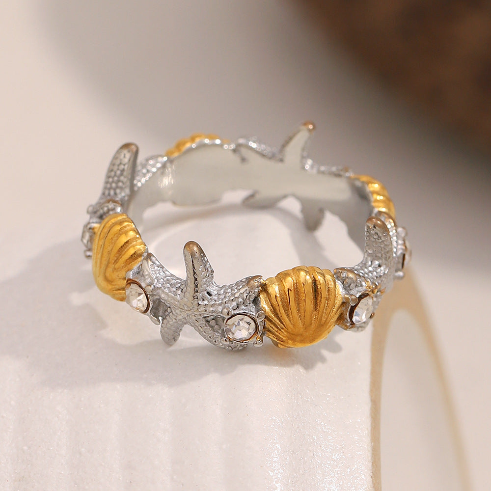 Fashionable Starfish-Shaped Stainless Steel Ring with 18K Gold Plating for Women