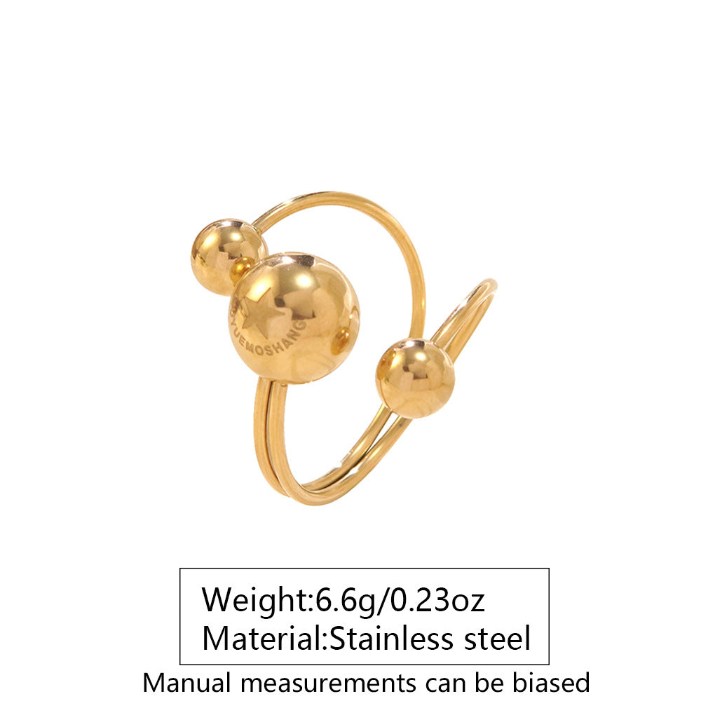 Minimalist Stainless Steel Plated Geometric Round Asymmetric Three-Ball Open Ring for Women
