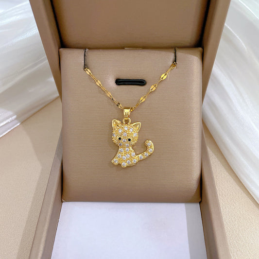 Luxury Sweet Geometric Rhinestone Pendant Necklace Titanium Steel Chain for Unisex