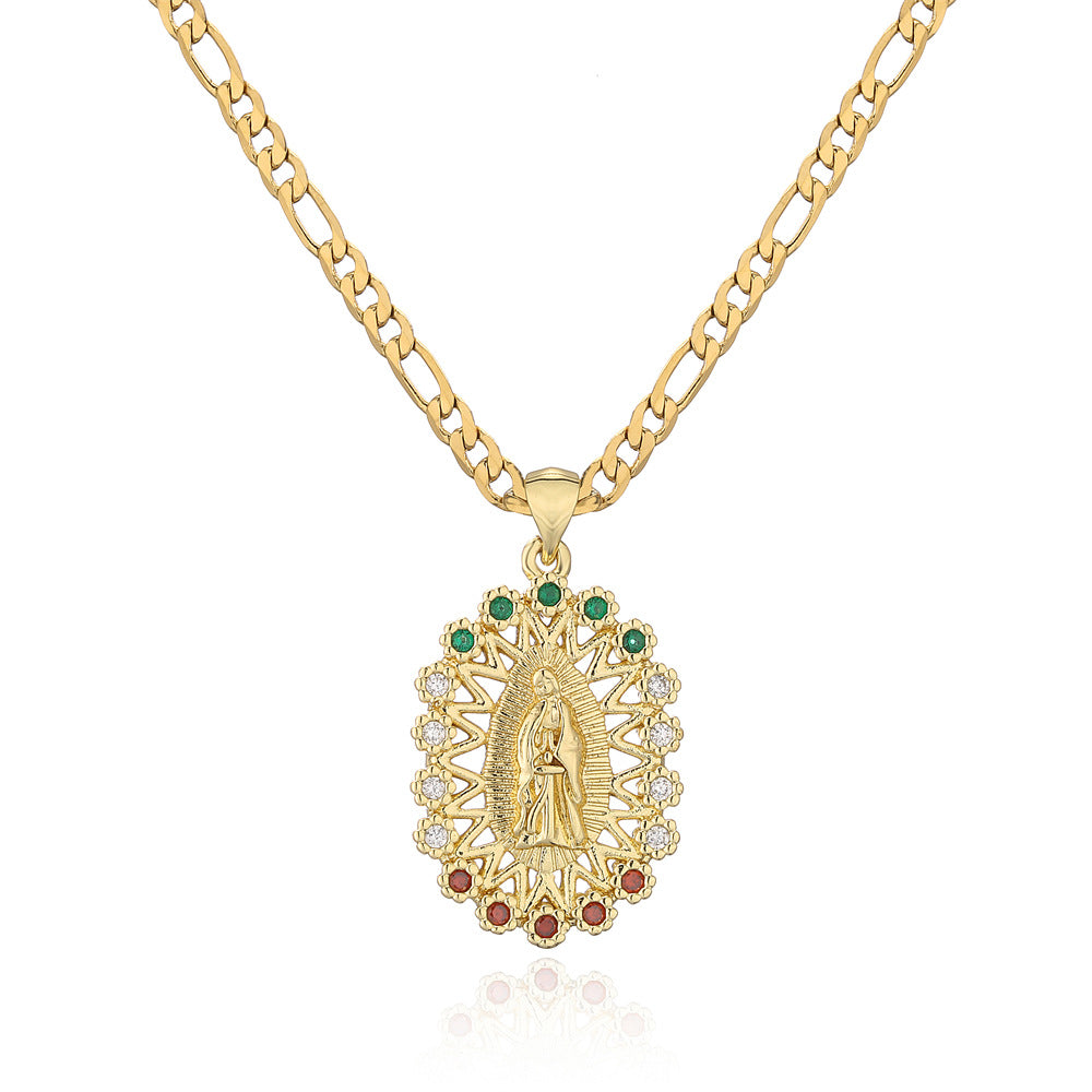 Gold Plated Geometric Virgin Mary Cubic Zirconia Inlay Pendant Necklace for Women