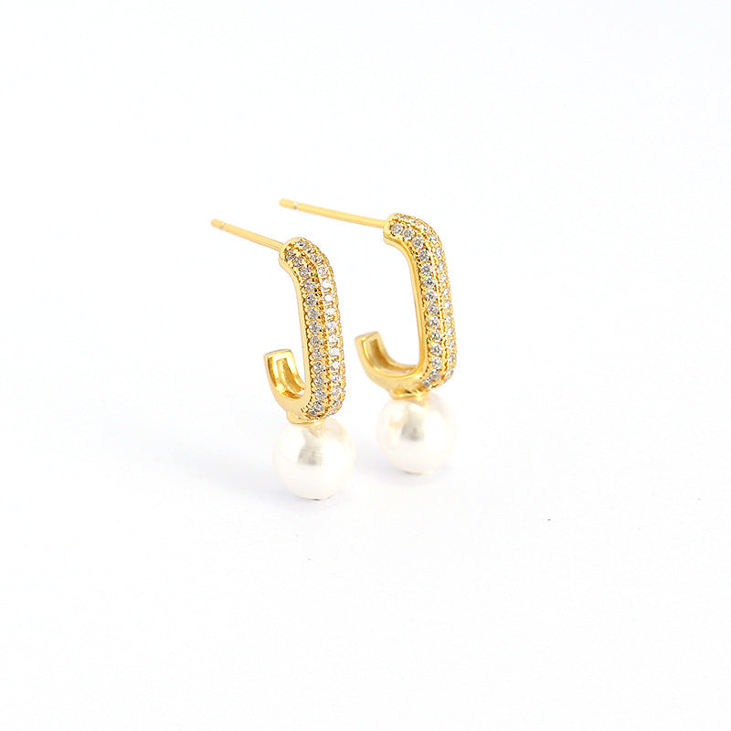 Minimalist Geometric Pearl Stud Earrings in Sterling Silver with Rhinestone Inlay for Women