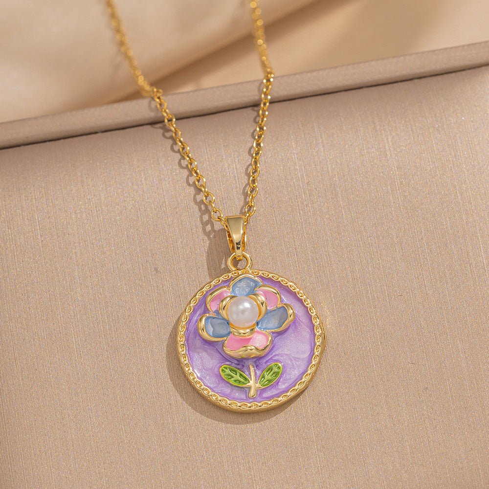 Baroque Style Leaf-Shaped Titanium Steel Necklace with Tulip Floral Motif, Vacuum-Plated for Hypoallergenic Wear, O-Chain Design