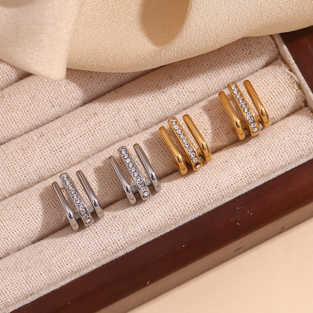 Minimalist Geometric Stainless Steel Ear Studs with 18K Gold Plating and Rhinestone Accents