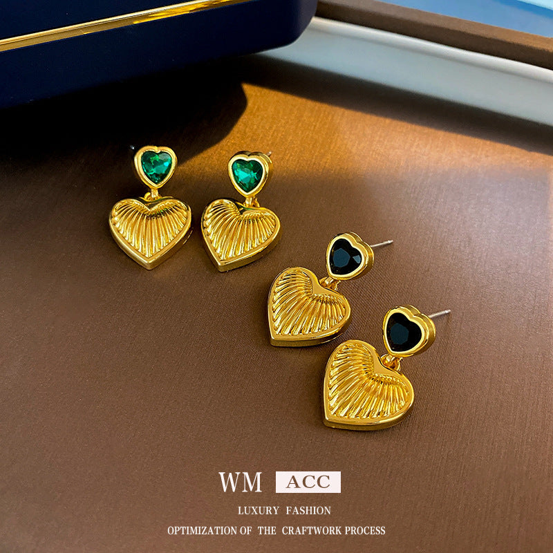 Orecchini vintage a cuore minimalisti in rame con strass intarsiati e perni placcati argento da donna