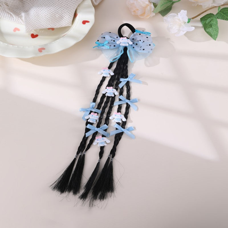 Cartoon Character Bow Hair Tie for Kids with Braided Design and Knitted Fabric Construction in Pastel Macaron Style