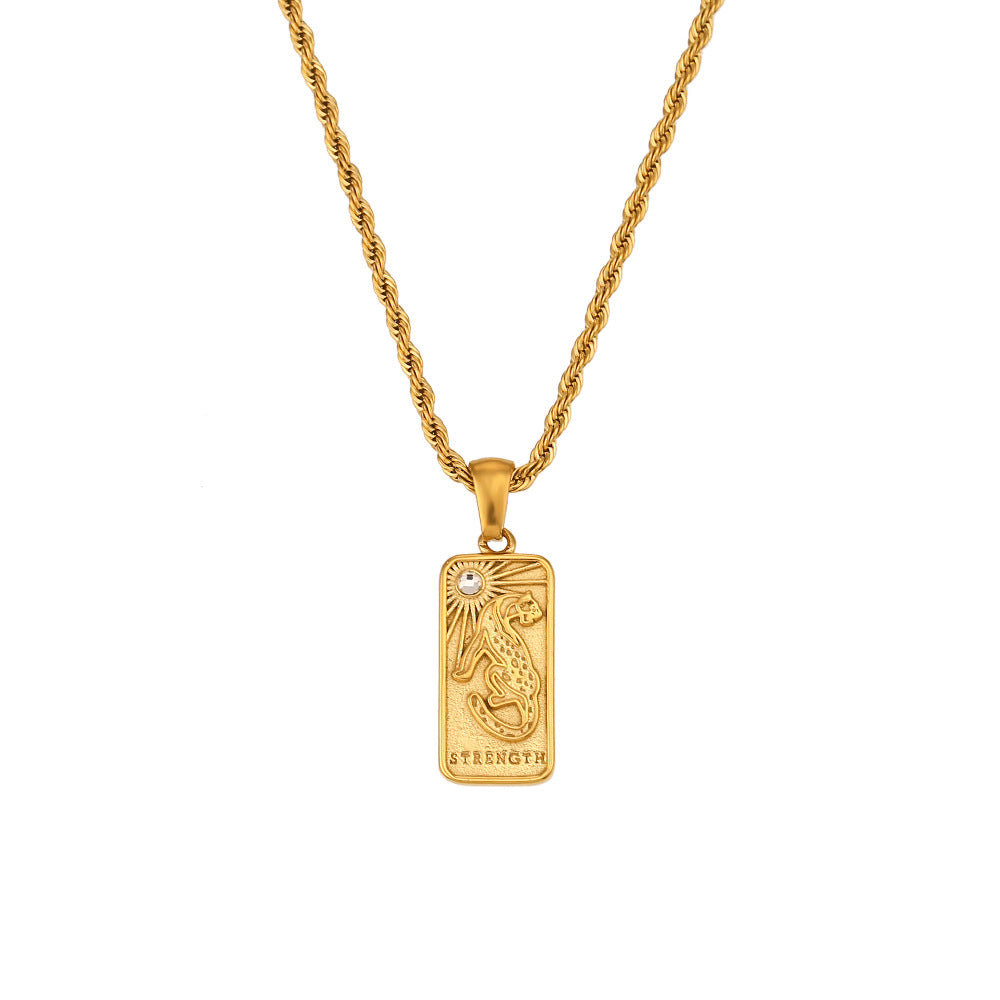 Collar con colgante de tarot geométrico de moda vintage en acero inoxidable con baño de oro de 18 quilates y cadena trenzada para mujer