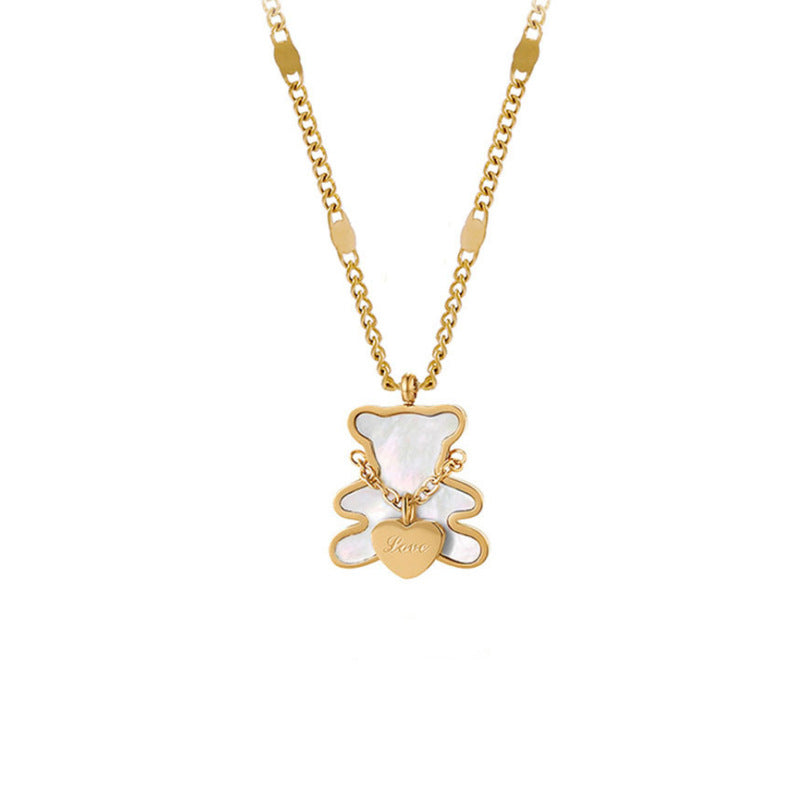 Minimalist Bear Heart Pendant Necklace for Women Titanium Steel Plated Clavicle Chain