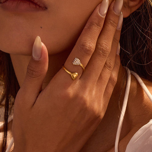 Minimalist Asymmetrical Heart-Shaped Stainless Steel Ring with 18K Gold Plating Adjustable Open Band for Women