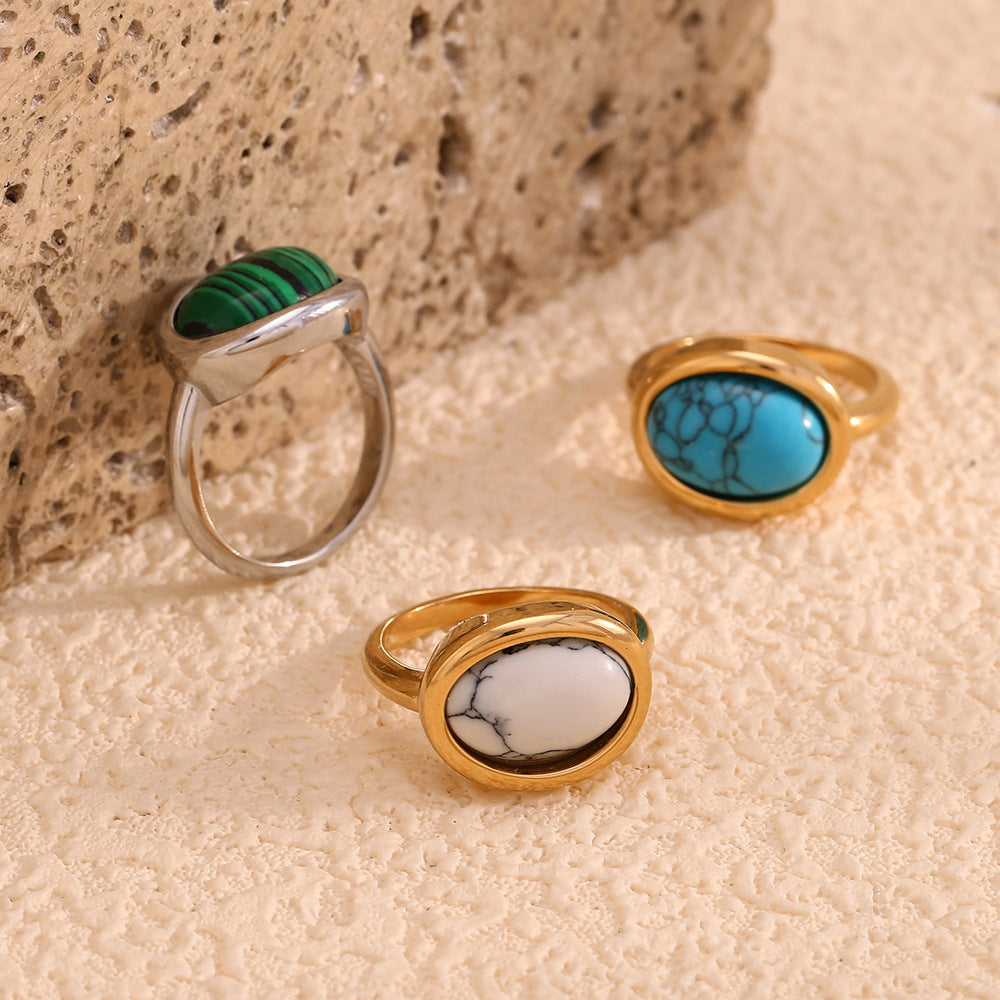 Anello geometrico in acciaio inossidabile stile vintage placcato oro 18 carati con intarsio in pietra naturale da donna