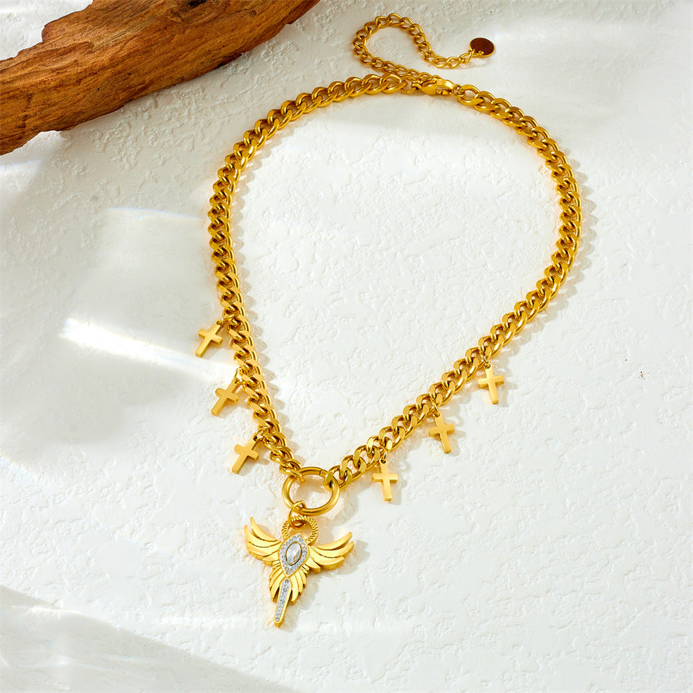 Casual Business Stainless Steel Plated Star Geometric Rhinestone Wing Sun Pendant Necklace for Women