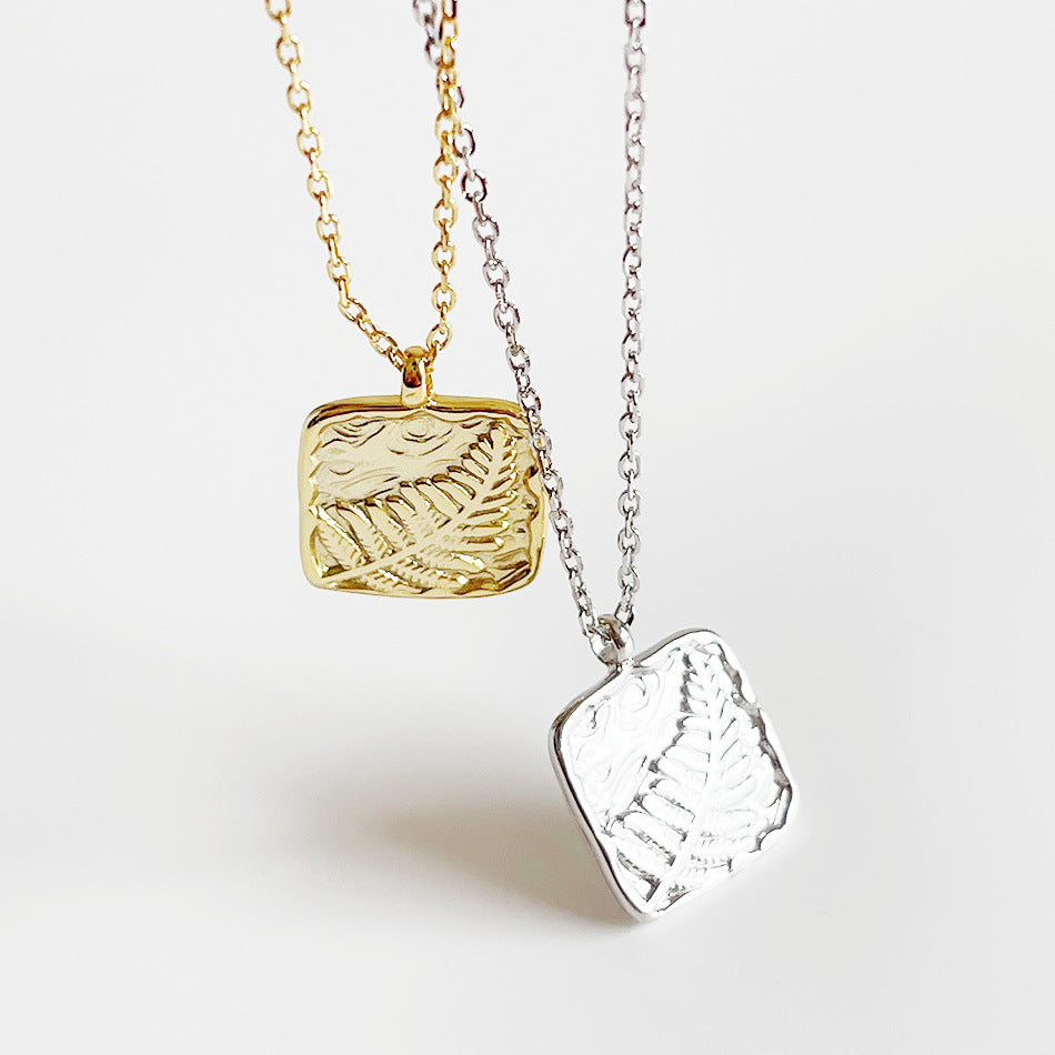 Minimalist Sweet 925 Sterling Silver Rectangle Plant Textured Pendant Necklace for Women