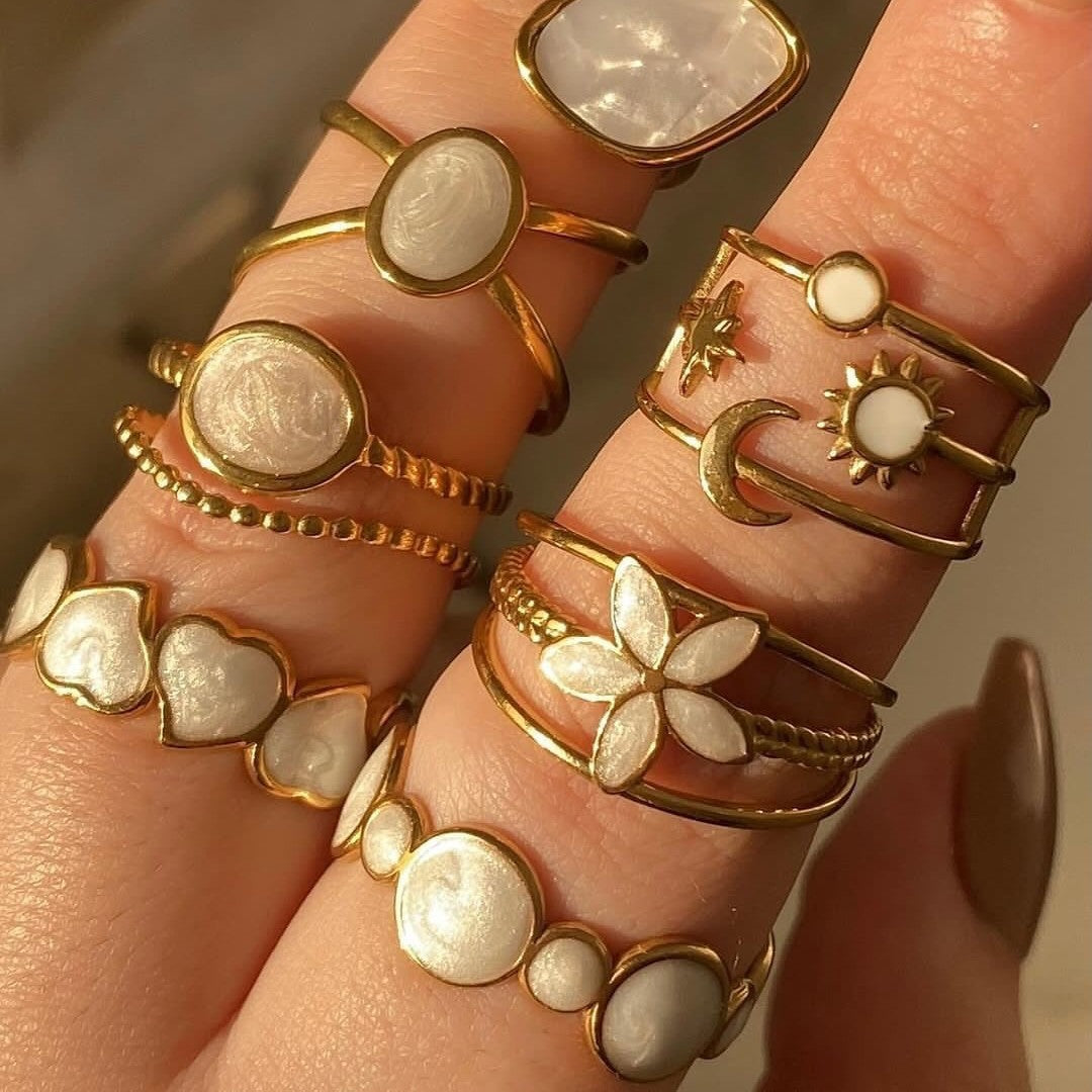 Anello Aperto Geometrico Minimalista per Donna e Uomo in Acciaio Inossidabile Placcato Oro con Motivi Floreali, Albero e Girasole