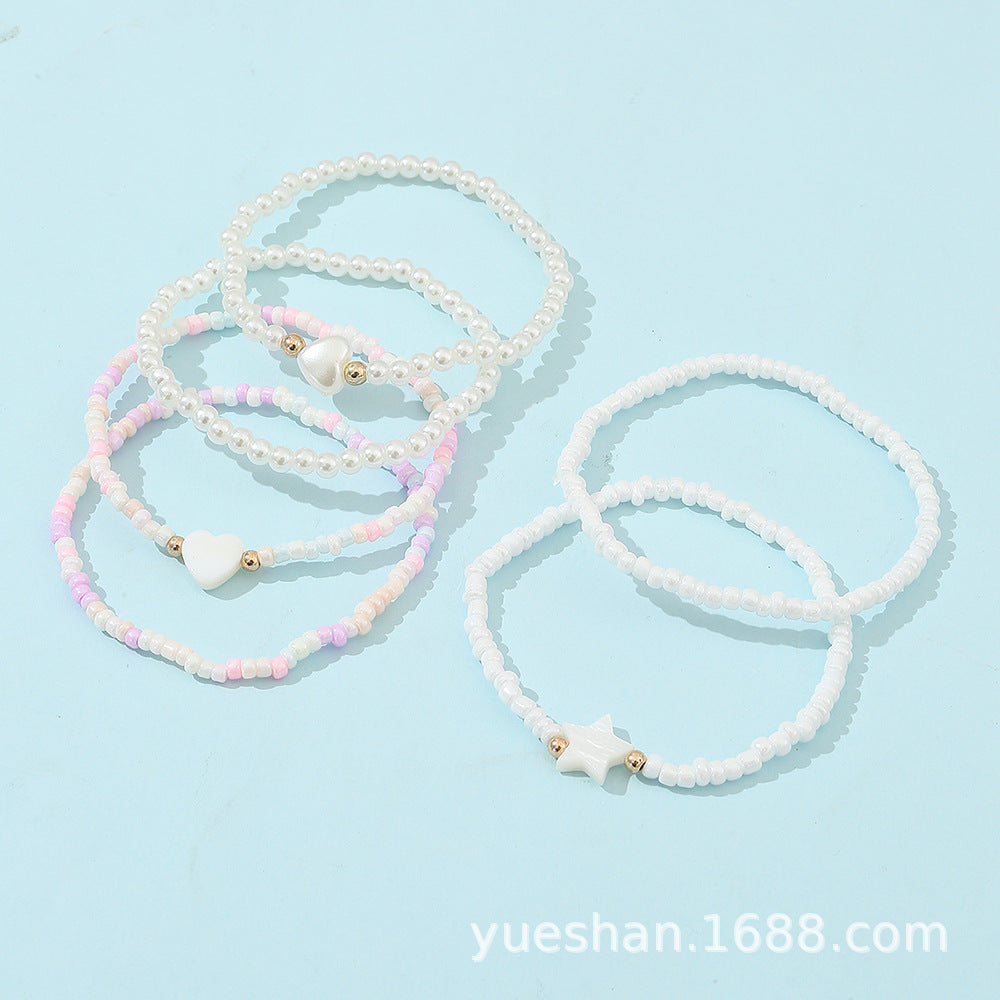 Sweet Cute Children's Heart and Star Shaped Glass Beaded Pearl Bracelet Set for Girls in Princess Style