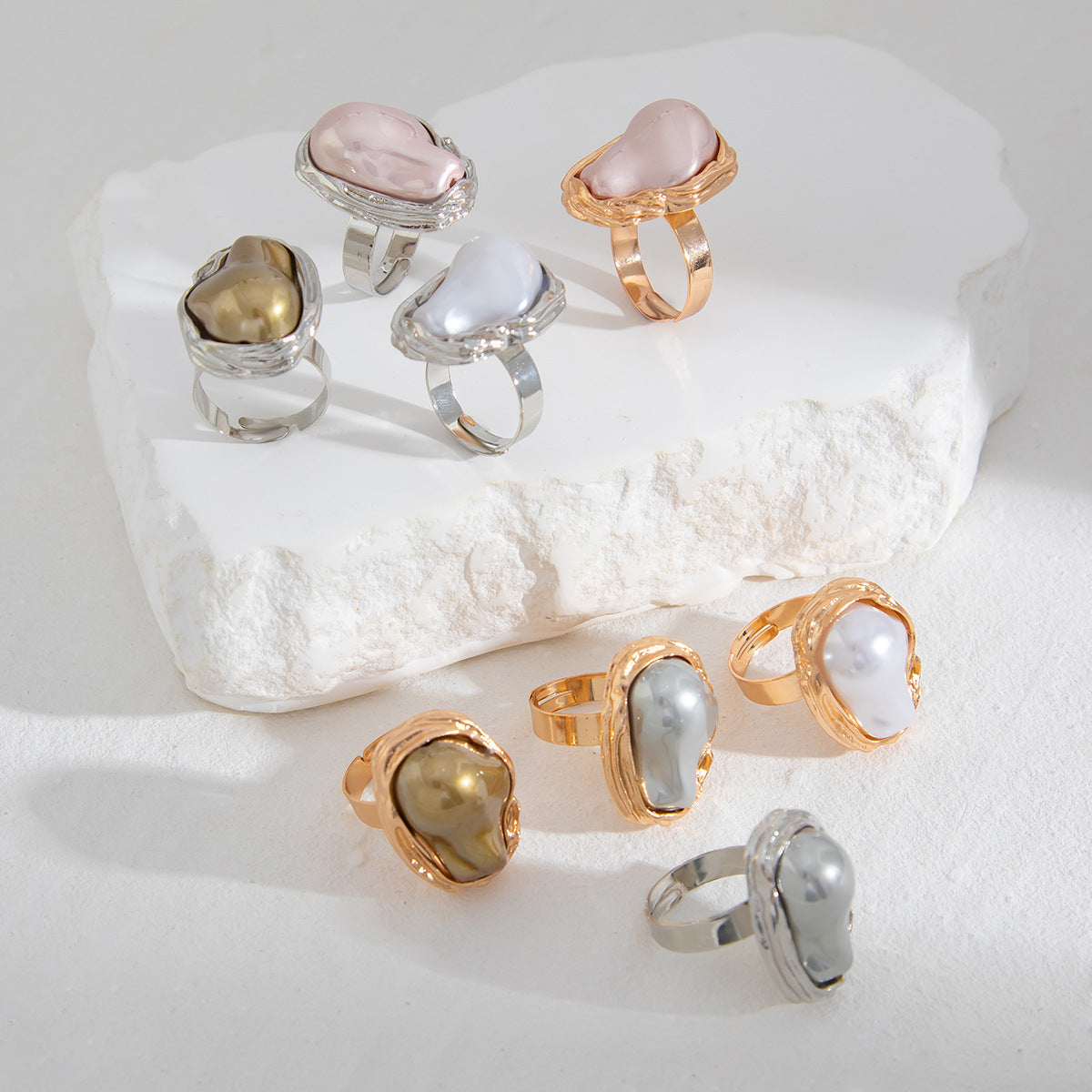Irregular Baroque-Style Geometric Ring with Imitation Pearl Inlay and Plated Finish for Women