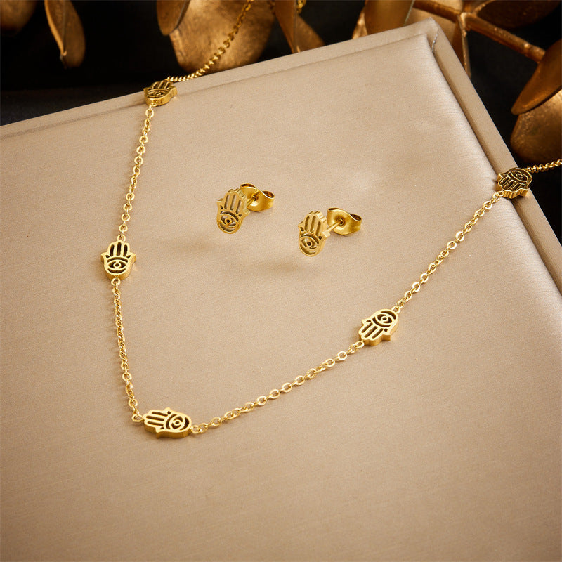 Fashion Hand-Shaped Plated Stainless Steel Box Chain Necklace Earrings Bracelet Set