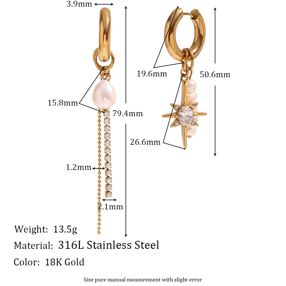 Asymmetrical Geometric Stainless Steel Earrings with Freshwater Pearl and Zircon Star Pendant for Women