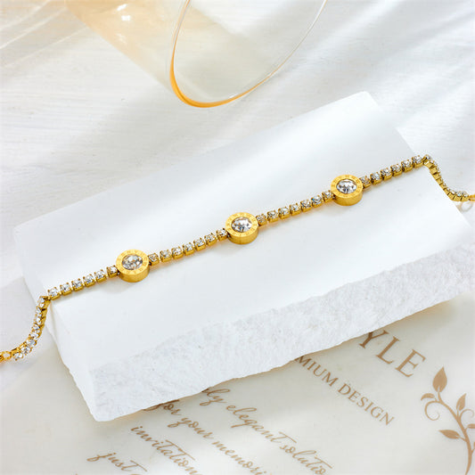 Elegant Minimalist Luxury Rhinestone-Inlaid Round Roman Charm Stainless Steel Bracelet for Women