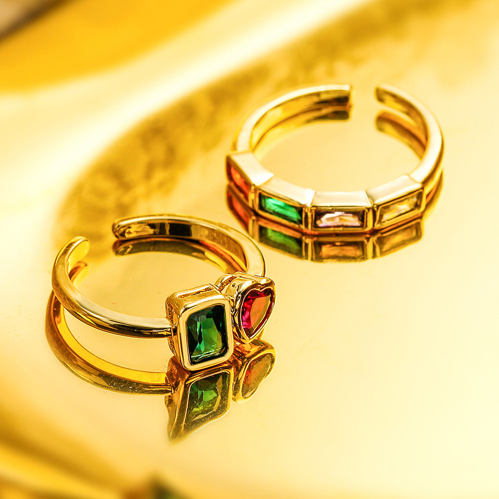Minimalist Geometric Heart Micro-Inlaid Cubic Zirconia Brass Ring for Women