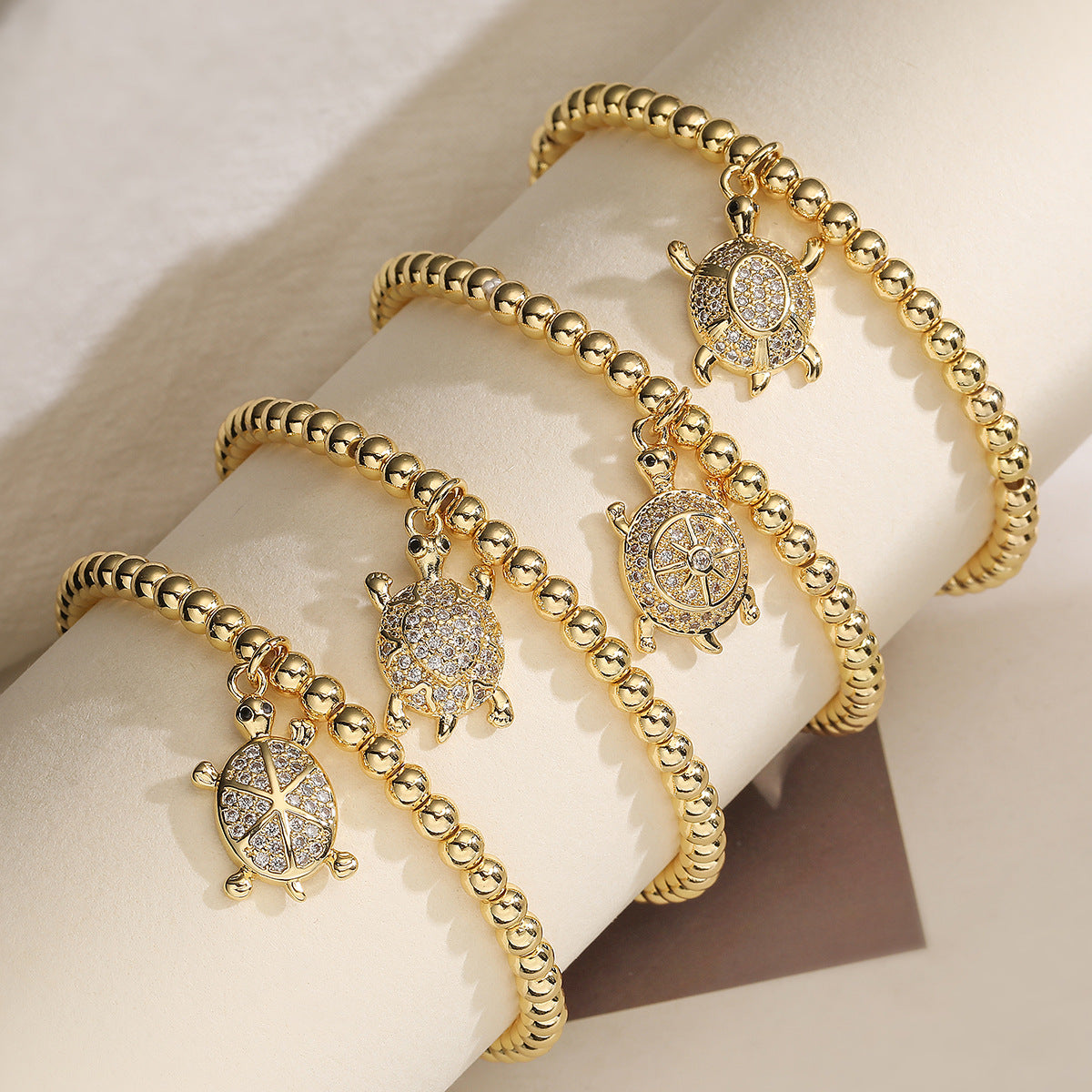 Fashion Cute 18K Gold Plated Cubic Zirconia Turtle Animal Brass Ball Chain Bracelet for Women