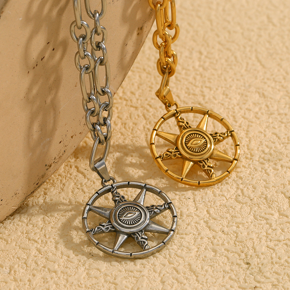 Collana vintage con stella a otto punte e occhio di Allah geometrica in acciaio inossidabile placcato oro 18 carati da donna