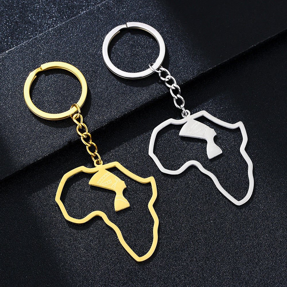 Portachiavi con ciondolo a forma di mappa africana minimalista per donna in acciaio inossidabile placcato oro con design Nefertiti