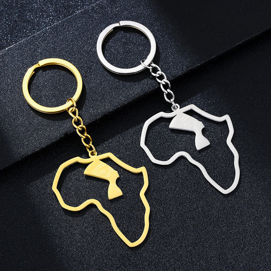 Minimalist African Map Pendant Keychain for Women in Gold-Plated Stainless Steel Featuring Nefertiti Design