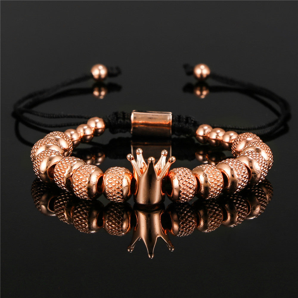 Vintage Geometric Crown Stainless Steel Brass Beaded Bracelet for Men and Women