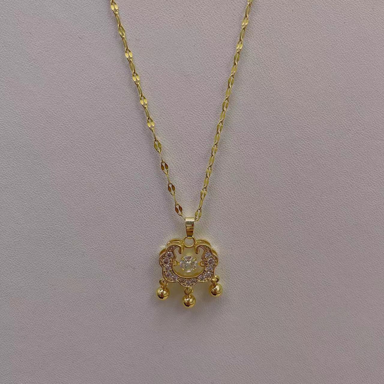 Geometric Longevity Lock Pendant Necklace in Titanium Steel with Gold Plating on Water Wave Chain
