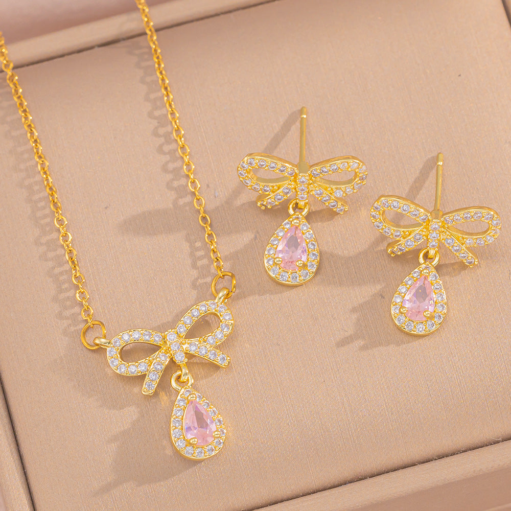 Sweet Bow Heart Pendant Necklace Set with Zircon Inlay in Titanium Steel with O-Chain for Women