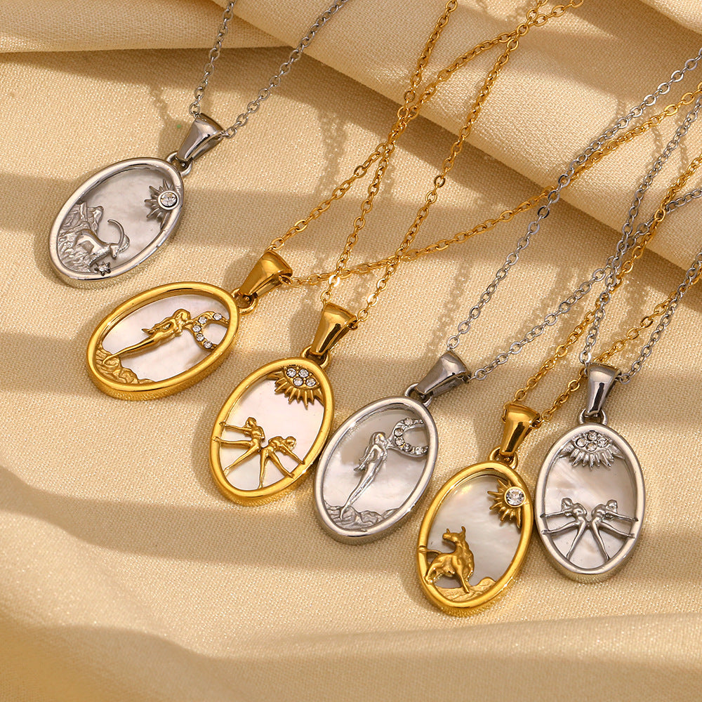 Geometric Zodiac Pendant Necklace for Women Stainless Steel with 18K Gold Plating and Rhinestone Accents