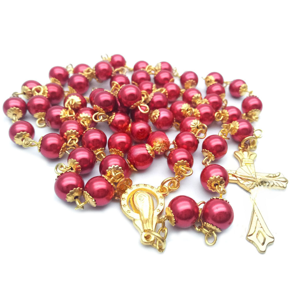 Vintage Cross Pendant Alloy Ball Chain Necklace with Imitation Pearl Beads Unisex Jewelry